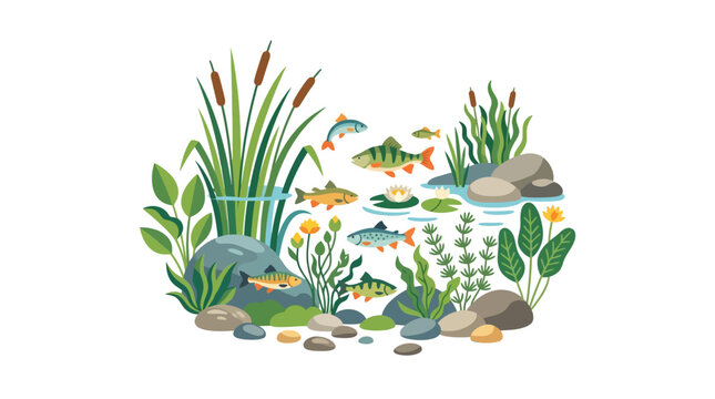 Underwater Pond Ecosystem Illustration with Fish and Aquatic Plants