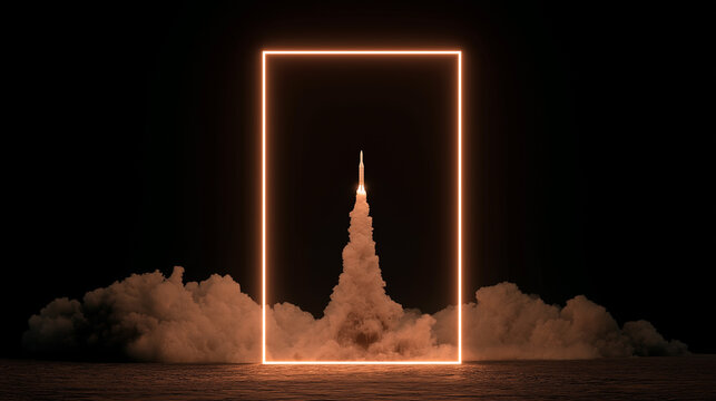 A vertical orange neon frame frames a rocket ascending through dense, billowing smoke, representing aspiration, breakthrough technology, or a significant project launch.