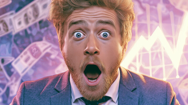 A man with wide eyes and an open mouth expresses shock and surprise amidst a backdrop of falling US dollar bills and a glowing financial graph.