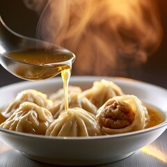 Fototapeta premium Ladle pouring golden broth over steamed dumplings with rising steam