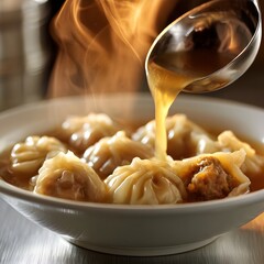 Fototapeta premium Steaming dumpling bowl with broth pour and split filling detail