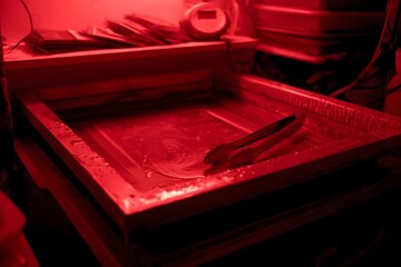 Darkroom scene with wet print under red safelight glow © Tharshan