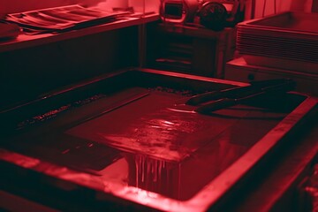 Wet photo print dripping in developer tray under red light © Tharshan