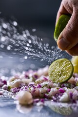 Fototapeta premium Chef's hand squeezing lime over ceviche in dramatic light