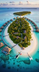 Fototapeta premium Aerial view of tropical island resort with overwater villas.