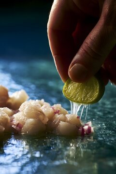 Hand squeezing lime over fresh diced sea bass ceviche