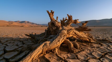 Fototapeta premium Bulbous acacia root in cracked mudflat at desert dusk