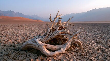 Fototapeta premium Twisted root mass anchoring dusty desert wadi landscape