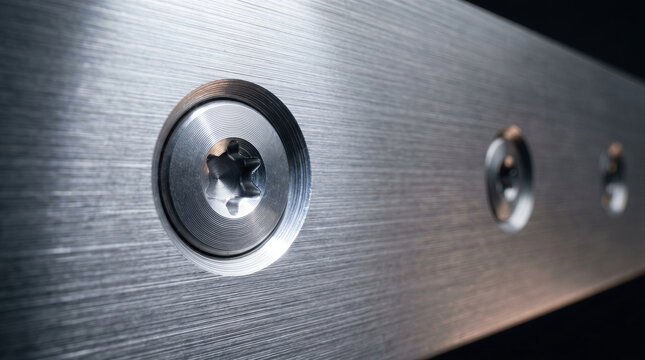 Torx security screw head embedded in brushed aluminum metal surface with shallow depth of field and sharp industrial detail.