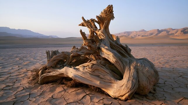 Gnarled acacia root dominating desert wadi at dusk