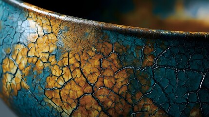 Fototapeta premium Crackled teal and amber ceramic glaze macro texture