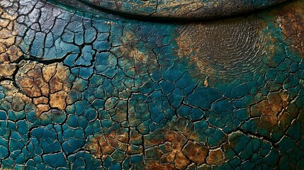 Fototapeta premium Amber and teal glaze crackle pattern in macro detail