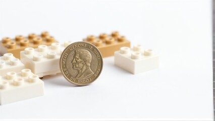 Fototapeta premium Legos and coins symbolize building wealth through play or investment.
