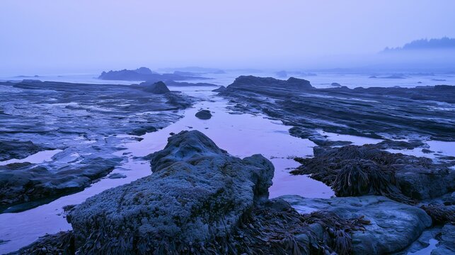 Coastal rock terraces with kelp at low tide, blue hour