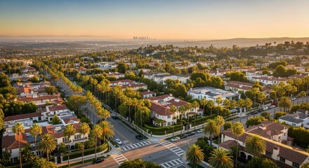 Fototapeta premium Aerial view of suburban neighborhood at golden hour.