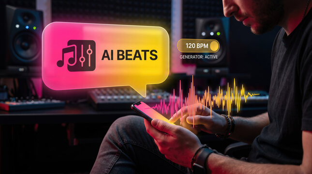 Musician using smartphone for AI beats generation with digital waveform interface and equalizer settings in studio environment.