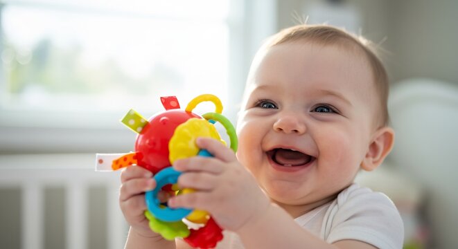 Adorable infant joyfully smiles holding a vibrant rattle toy bathed in soft natural light creating a cheerful aesthetic. AI Generated