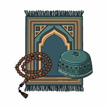 Islamic prayer set with rug peci hat and tasbih beads vector illustration