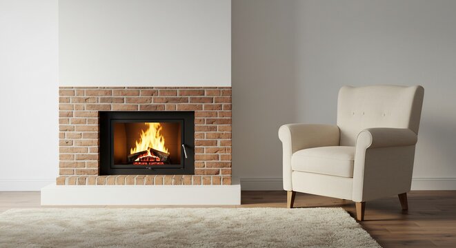 Warm firelight dances invitingly within a modern brick fireplace complementing a cozy armchair and plush rug. AI Generated
