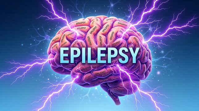 Vibrant 3D rendered human brain with electricity and epilepsy text on dark background