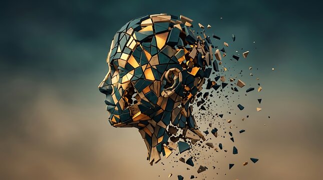 Abstract 3D digital human head made of geometric fragments exploding in dark sky