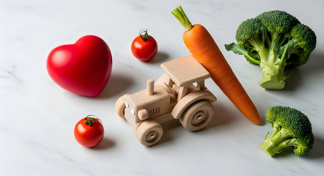 Farm fresh produce and a wooden tractor toy on a white surface