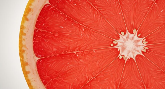 Close up of a vibrant pink grapefruit slice with soft lighting emphasizing its refreshing juicy texture. AI Generated