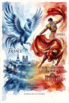 France vs Spain football rivalry artistic watercolor illustration with rooster, matador, and bull symbols