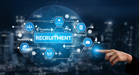 Fototapeta premium A modern digital concept illustrating the recruitment process, featuring technology icons and a hand pointing, symbolizing the synergy between hiring and innovation in business. Tessel