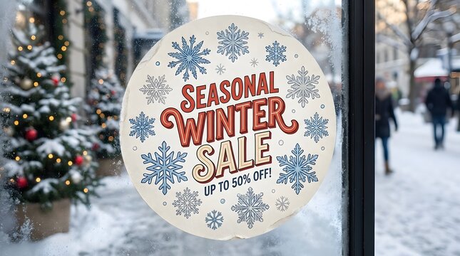 Seasonal winter sale window decal showing up to fifty percent off promotion with blue snowflake illustrations on round white sign attached to glass front of a snowy street retail shop front.