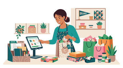 Fototapeta premium A smiling female small business owner is packing customer orders and managing sales on a digital tablet in her bright and organized shop.
