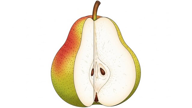 Vibrant green red pear fruit cut in half revealing seeds and core in detailed botanical illustration style. AI Generated