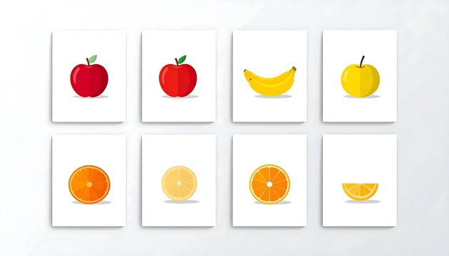 Colorful fruit icons on white background grid.