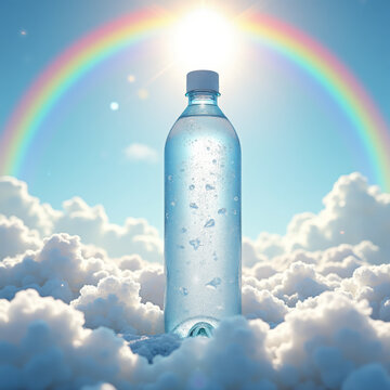 bottle of water on the sky background with rianbow