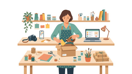 Fototapeta premium A woman entrepreneur packs a shipping box in her cozy home studio surrounded by craft supplies, a laptop, and a camera for her business.