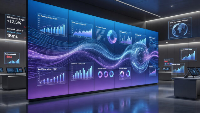 Big data visualization wall with flowing streams of real-time information &mdash; Data Analytics Visualization