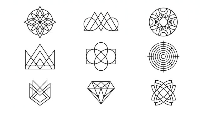 A high-contrast minimalist graphic presentation containing nine line art geometric compositions, combining circles, diamonds, crowns, and intersecting lines for modern abstract branding.