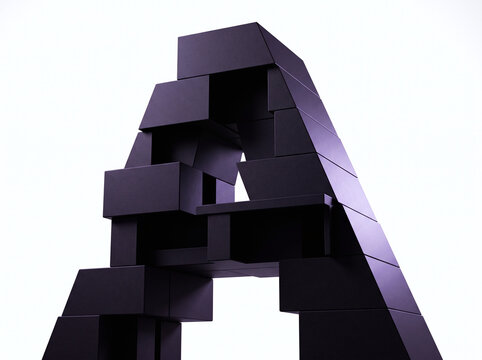 A low-angle close-up 3D render of a bold architectural monogram of the letter A, built dynamically using stacked dark purple and black block modules against a bright, clean background.