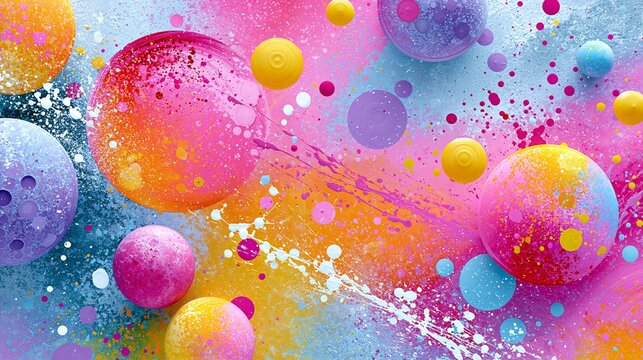 Dynamic modern abstract art with circles and sprays creating a lively visual experience on a colorful background Generative AI