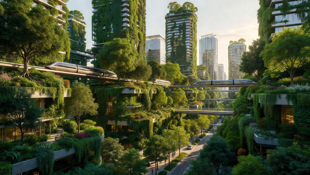 Green sustainable city concept with vertical gardens on skyscrapers &mdash; Sustainable Future Concept