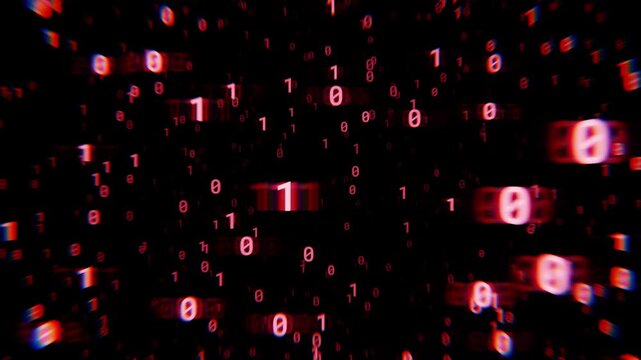 Seamless loop background of red binary code data float through dark space. Perfect for tech, cyber, or digital transformation themes
