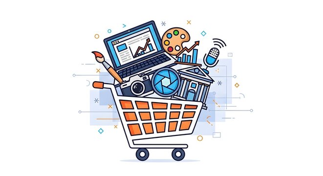 Conceptual shopping cart containing business creative tools including laptop camera lens color