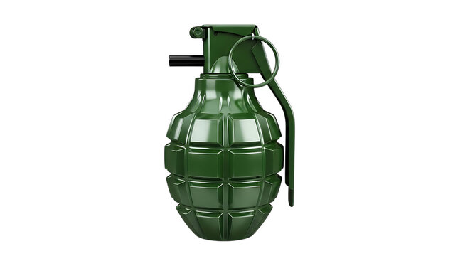 Olive green hand grenade with pin and lever a military explosive device on transparent background weapon metal projectile