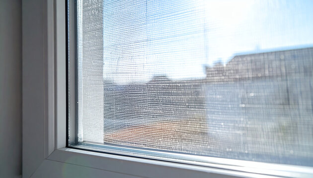 Window screen mesh covering a bright glass window pane with blurred city buildings visible outside in soft daylight illumination