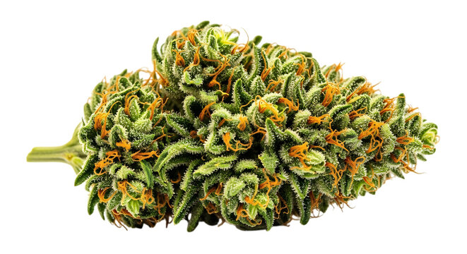 Cannabis bud with orange pistils and frosty trichomes detailed close up on transparent background marijuana weed plant flora