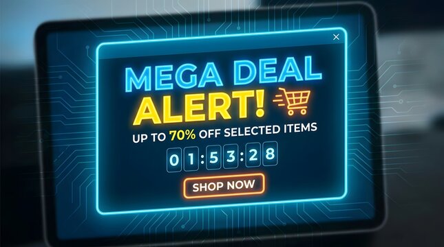 Mega deal alert neon notification pop up with countdown timer and glowing blue lines on dark tablet screen background for online shopping flash sale marketing events and digital commerce ads.