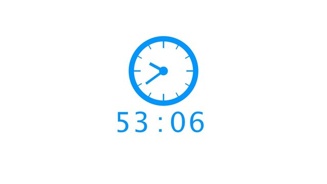 Countdown timer showing fifty three minutes and six seconds on blue analog clock icon set.