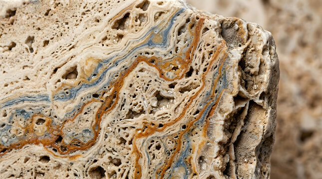 Macro texture of sedimentary rock with colorful travertine layers