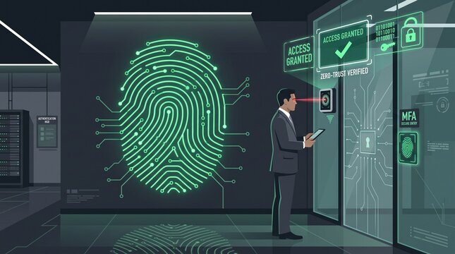 Professional using biometric fingerprint authentication for secure zero trust data center entry with illuminated glowing green circuit patterns verified access indicators
