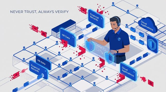 Cybersecurity professional securing micro segmented network infrastructure with cloud with cloud applications against cyber threats using advanced security protocols